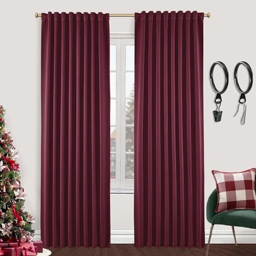 SHINELAND Cranberry Burgundy Blackout Curtains 102 inch Long 2 Panels Set for Sliding Glass Door Living Room Rojas Cortinas Navidad para Sala,Deep Red