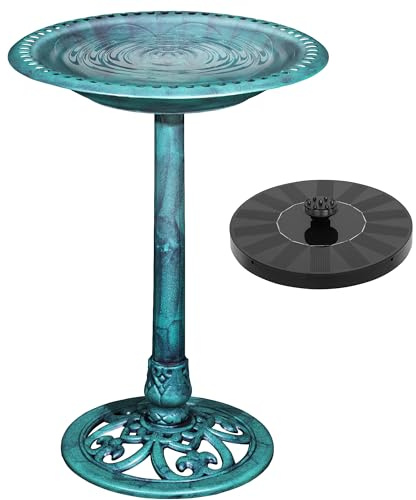 VECELO 28 Pedestal Outdoor Bird Bath with Solar Powered Fountain for Outside, Vintage Bronze Polyresin Lightweight Antique, Yard/Garden Decoration, Green