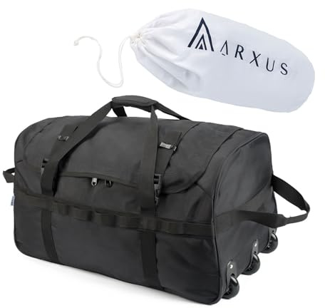 Arxus Faltbare Reisetasche mit Rollen, 85L Großer Griff Handgepäck, Rolltasche für Reisen, Sport, Camping, Wochenende, Übernachtung