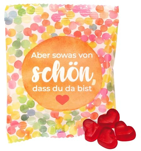 Gastgeschenk Tütchen 25x10g Herzen Fruchtgummi Aber sowas von schön | gefüllt mit echten Herzgummibärchen mit 10% Fruchtsaft, Kleinigkeiten für jeden Anlass, Geburtstag, Hochzeit, Taufe, 250g