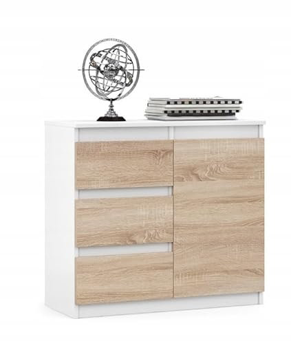VBChome Kommode 80 x 35 x 75 cm mit 3 Schubladen und 1 Türen Weiß - Eiche Sonoma Grifflose Schubladenkommode Mehrzweckschrank für Flur Schlafzimmer Wohnzimmer Kinderzimmer