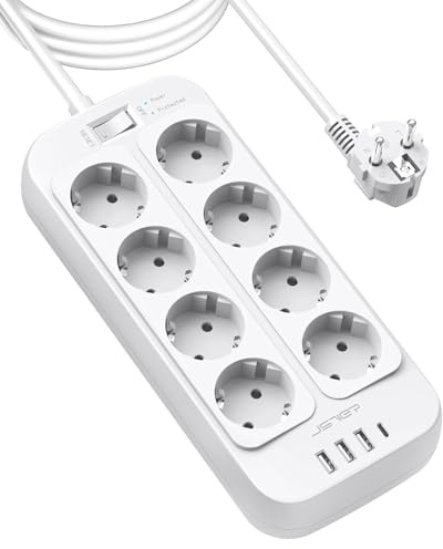JSVER Multipeluttag 3680W 16A Med 4 USB-portar, Överspänningsskydd med 8 Eluttag och Strömbrytare, Väggmonterad för Hemmakontor 3M-Vit