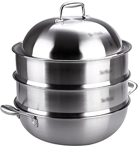 ANSNOW Olla Vaporera Wok, Freidora, Sartén, Cocina de Inducción de Acero Inoxidable 18 10, Estufa de Gas, Olla para Bollos Al Vapor, Olla Gruesa de 34Cm