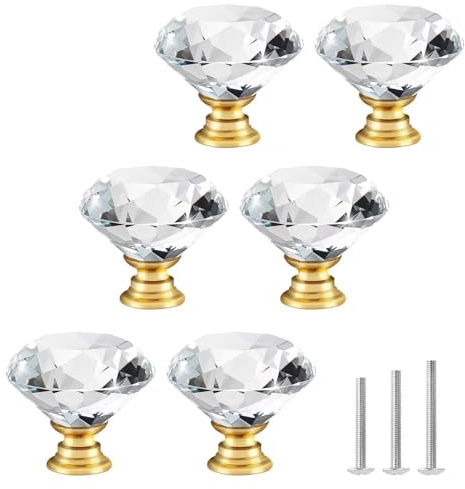 ShipeeKin Kristallglas Schrankknöpfe Kommode Möbelknöpfe Kristall Möbelgriffe 30mm Diamant-Stil mit Goldbasis Ziehgriffe für Kommode, Schränke, Küche, Garderobe, Badezimmer usw. (6stk, Transparent)