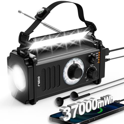 Radio de emergencia de manivela para tormenta de invierno, radio de emergencia de 37000 mWh, radio solar, radio meteorológica AM/FM/NOAA con cargador USB, alarma SOS, conector para auriculares,