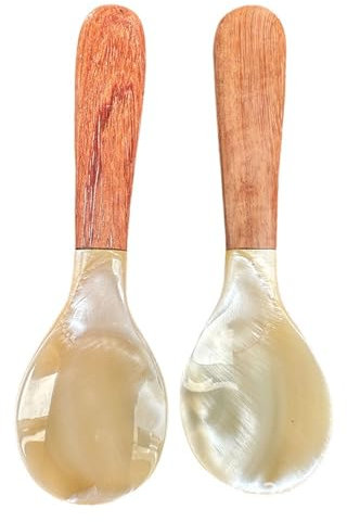 Yurosiay 10 cucharas de nácar de 10 cm, cucharas de caviar con mango de madera, cucharas para huevos, cucharas de postre, cucharas de nácar, cucharas infantiles, redondas, de madera, para caviar