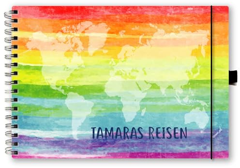 Reisetagebuch DIN A5 Weltkarte Regenbogendesign, Reisejournal, Notizbuch, Reiseerinnerungen, Stiftschlaufe, Haltegummi, personalisierbar