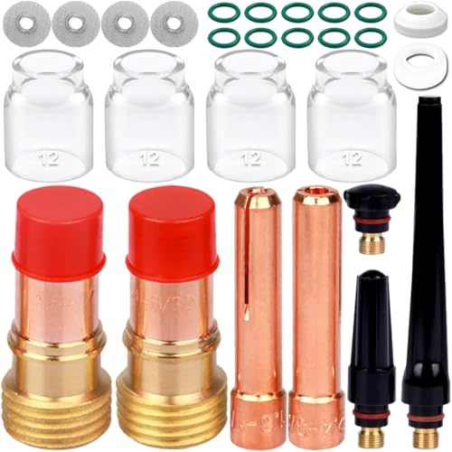 EATBALE Welding Torch Accessories for TIG WP 17 18 26, Stubby Gas Lens Collet Bodies (1.6/2.4 mm), #12 Glass Cups, Collets, Back Cups, Diffusers, O-Rings, Gaskets Welder Gun Consumables (27 Pcs)