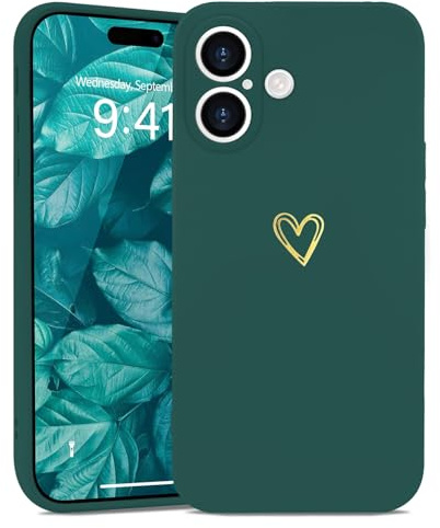 Wirvyuer for iPhone 16 Cute Heart Case for Women, Green | Skin-feel Soft Silicone, Love-Heart Pattern Design Phone Case, Shockproof Protective Slim TPU Bumper Cover for Girls