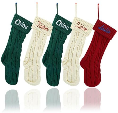 SosnSusn Weihnachtsstrumpf Personalisiert Name 46cm Große Klassische Gestrickt Bestickte Nikolausstrumpf Hängende Familie Weihnachtsstrümpfe für Feiertags, Familienparty, Dekoration