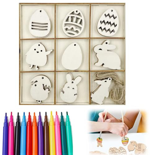 Huevos de Pascua para Pintar - Kit de Decoración de Madera con 36 Piezas y 12 Marcadores de Agua, Perfecto para DIY y Fiestas de PascuaDecoraciones de Pascua DIY,Decoraciones Infantiles para Pascua