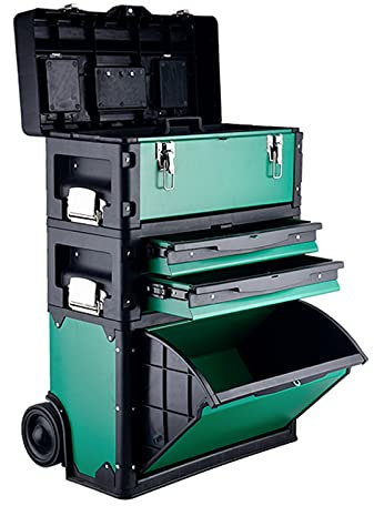 XAoSCd Tool Boxes Stackable Toolbox Rolling Mobile Organizer Case with Telescopic ?Grip Handle Upright Cart with Wheels and Drawers Tool Cabinets Toolbox,Dark Green