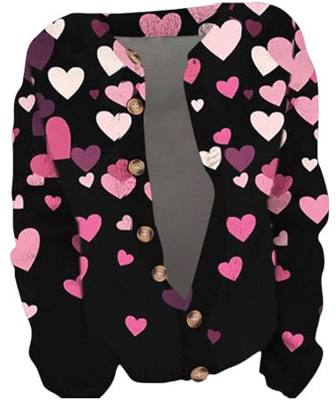 Cardigan maglione di lana aperto con bottone stampato carino donna amore cuore maglione lavorato a maglia top capispalla alla moda cappotto plus size spolverino, Nero , XXL