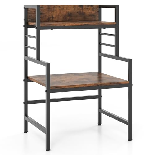 TANGZON 3-Tier Baker’s Rack, Industrial Microwave Oven Stand with 2 Anti-tipping Kits & Adjustable Foot Pads, Metal Frame Utility Kitchen Storage Shelves Organiser for Dining Living Room