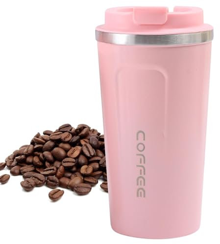 Tazza termica in acciaio inox, a doppia parete, da viaggio, per caffè, bevande, per caffè freddo e caldo, con coperchio a tenuta stagna (rosa/500 ml)