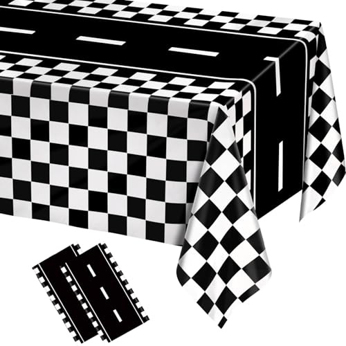 Rennauto-Tischdecken, 2 PCS Rennstrecke Rechteckig Tischdecken, 137 * 274 cm Kariert Rennwagen Partyzubehör, Karierter Tischläufer Schwarz Weiß, für Jungengeburtstagsfeiern, Rennsport-Themenartikel