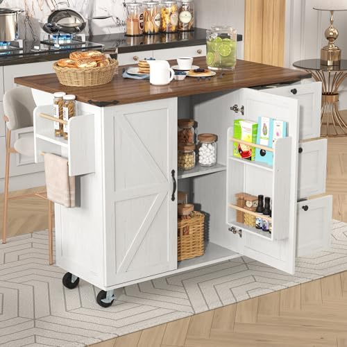 LAKFEW Isla Cocina con Ruedas y Tablero Plegable, Aparador Cocina con 2 Puertas y 3 Cajones, Mueble Auxiliar de Cocina con Estante Ajustable y Toalleros, 140x45(73) x92.5 cm, Beige