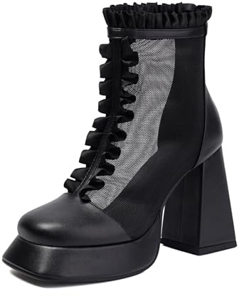 Botas Cortas De Tacón De Bloque Grueso para Mujer Malla Negra Cuero PU Botines De Plataforma Punta Cuadrada Botines Góticos Punk con Cremallera,Negro,38 EU