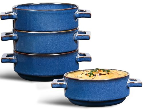 Anmula French Onion Soup Bowls – 24 Oz Ceramic Soup Crocks with Handles for French Onion Soup, Beef Stew, Chili, Cheese – Microwave Dishwasher Oven Safe, Set of 4, Blue