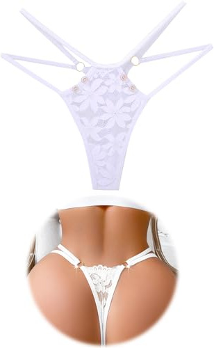 FULLJOYLOVE Lace Thongs for Women Sexy G-String with Floral Openwork Button Up Hip Brazilian Briefs