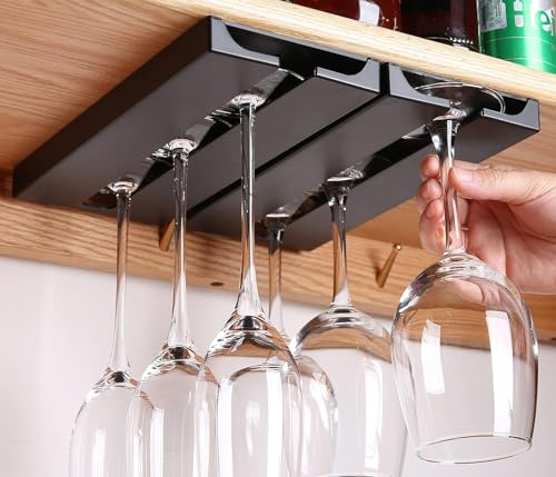 TKLake 2 Pcs No Drill Wine Glass Holder - Under Cabinet Stemware Rack for Hanging & Drying, Space Saving Punch-Free Glassware Storage Hanger, Kitchen, Home Bar, Apartment Organizer (BLACK)