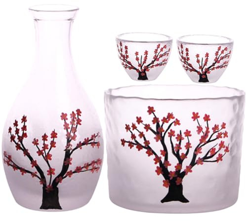 OSALADI Set Sakè Giapponese in Vetro 4 Pezzi Bottiglia, 2 Bicchieri e Riscaldatore, Elegante Kit Porta Liquori per Casa, Bar e Ristorante, Facile da Pulire e Resistente al Colore