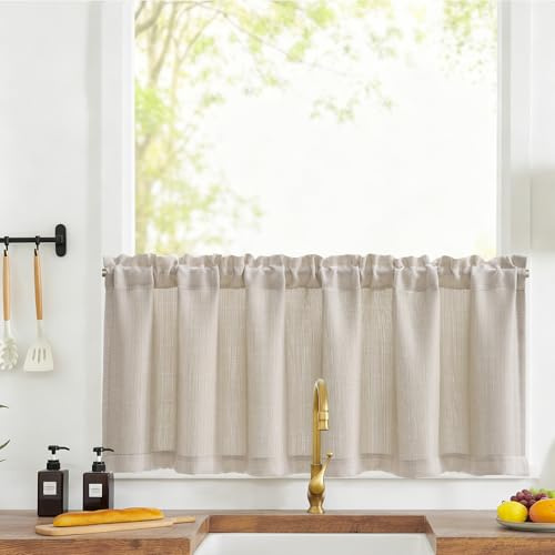 TOPICK Blickdicht Scheibengardine Küche Bistrogardine H40xB150 1Stück Beige | Lichtdurchlässig Küchenvorhänge mit Webstruktur Modern Kurzgardine Küchfenster landhausstil küchengardinen fenstergardinen