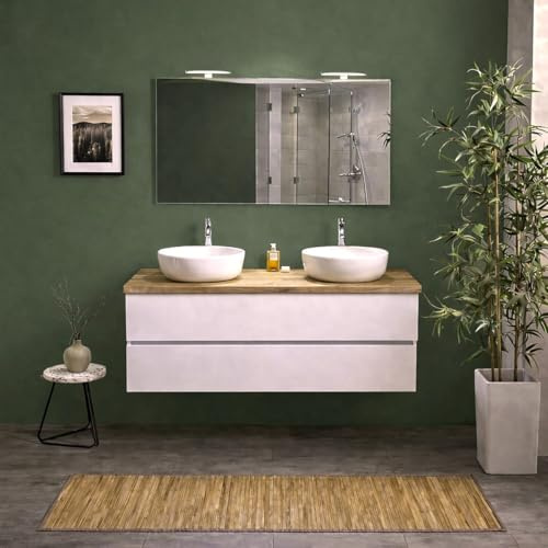 Kiamami Valentina - Mobile Bagno Sospeso 120 cm Bianco con Top Rovere, 2 Cassetti Soft Close, Specchio con Lampade, Predisposizione Doppio Lavabo