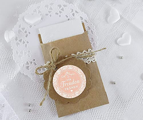 Freuden Tränen Taschentücher Set zur Hochzeit Groß 48 Sticker + 48 braune Flachbeutel - Kraftpapier - 63 x 93 mm für Freudentränen Taschentuch Verpackungen Aufkleber in zartem APRICOT
