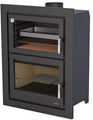 BRONPI Estufa de Leña con Horno Murano-E, Hierro Fundido y Acero, Negra, Madera, 14 kW, 80% de Eficiencia Energética, 388.01 lbs, 417x301x417 mm, Montaje Independiente, para Espacios hasta 1050 m2