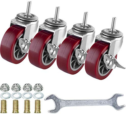 3 Inch Swivel Caster Wheels Set of 4, Locking Casters Heavy Duty Total Capacity 330lbs, Metric M8-1.25 Threaded Stem PU Casters with Brake, Castors for Carpet Hardwood Floors Workbench Bed Frame.