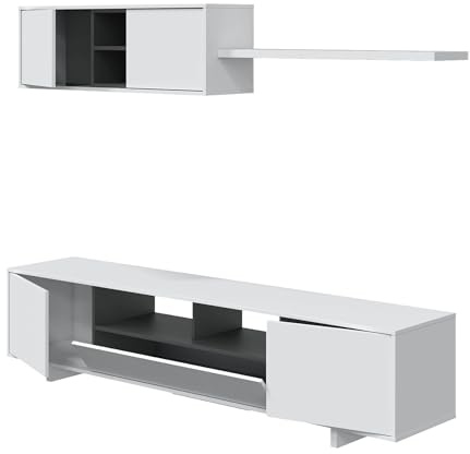 Dmora Parete Attrezzata Hartford 200x41x46h cm Bianco Lucido 8 Ripiani 9 Vani, Apertura Battente e a Ribalta