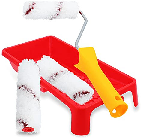 Wandfarbe Farbroller 10 cm Set 5-teilig mit Farbwanne & Farbrollerhalter | Malerrolle Klein Lackrollen für Lacke Maleracryl Werkzeug Streichen Malen Maler Zubehör Streichrolle Lack Rolle Ersatzrollen