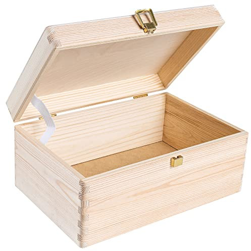 Creative Deco Large Plain Wooden Storage Box | 30 x 20 x 14 cm (+/-1 cm) | with Lock & Hinged Lid | Unpainted Gift Christmas Xmas Box | ROUGH & UNSANDED Wood Keepsake Memory Craft Chest