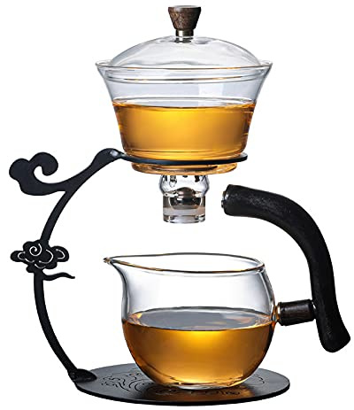 RORA Glas-Teekannen-Set, halbautomatisch, tropfend, rotierend, mit Aufgusssieb, Lazy Kungfu Teekannen-Set (Schwarz)