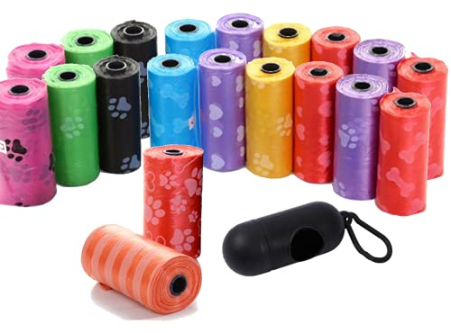 300x Hundekotbeutel bunt mit Aufdruck 30 x 22 cm (20 Rollen mit 15 Beutel) + Beutelspender mit Leinenclip schwarz