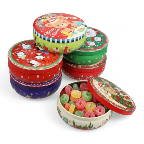 Housoutil 6Pcs Christmas Candy Boxes, Biscuit Tins Cake Tin Storage Baking Packing Case, Christmas Storage Tins for Chocolate Cookie, Christmas Decorations