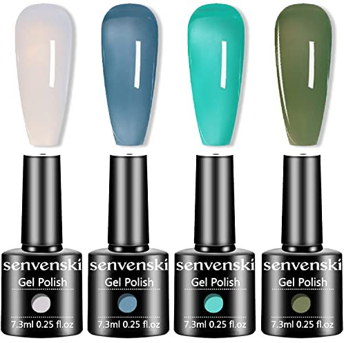 Senvenski Blue Jelly Gel Nail Polish Kit - Translucent Colors with Milky Sheer Finish Milky White Blue Green Teal Emerald Turquoise | Vegan UV/LED Nail Art Kit Gift for Women Manicure Salon DIY(CS015)