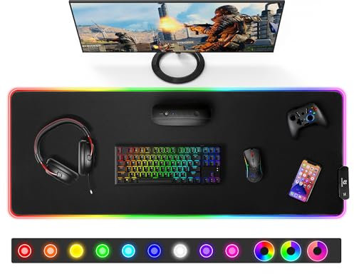 Gimars Gaming Mauspad, 12 LED Beleuchtungsmodi RGB Mousepad XXL, 800x300x5mm, Groß Desk Mat Gaming Zubehör mit wasserdichte Oberfläche, 5mm Rutschfester Gummifuß für PC Tastatur