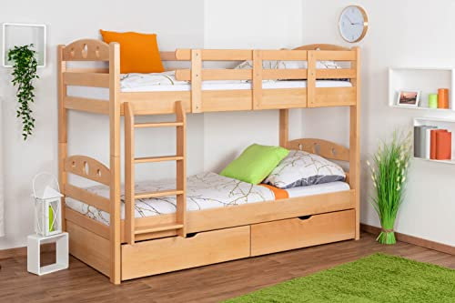 Etagenbett für Erwachsene Easy Premium Line K19 inkl. 2 Schubladen und 2 Abdeckblenden, Kopf- und Fußteil mit Löchern, Buche Vollholz massiv Natur - 90 x 200 cm (B x L), teilbar