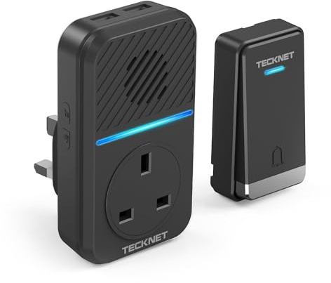TECKNET Self-Powered Wireless Doorbell with 1 AC Outlet and 2 USB Ports-LED | Doorbell & Charger in One, Save Your Wall Socket, 1300ft Range, IP65 Waterproof, 60 Chimes and 5 Volume Levels, Black