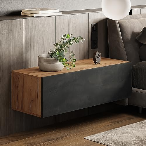 Planetmöbel Nachttisch Schwarz Charcoal/Gold Eiche | Schlichter, Nachtschrank hängend mit Klappe Nachtschrank 2er Set Nachtkommode - 100 x 30 x 38 cm (B/H/T)