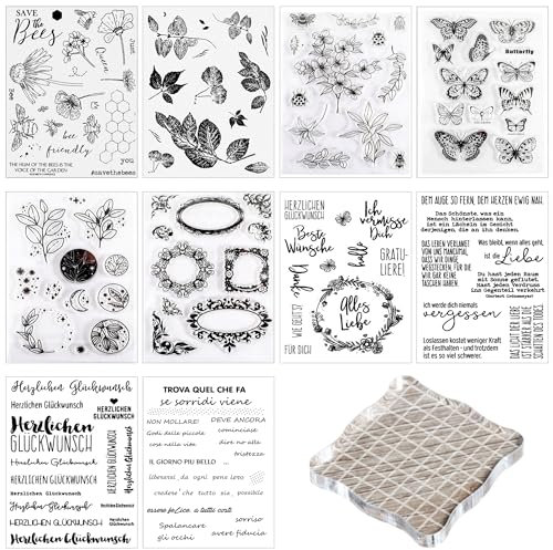 Silikonstempel Sprüche Deutsch Set,10 Blätter Geburtstag Stempel,Clear Stamps Glückwünsche,Blumen Clearstamp Set für DIY Bullet Journal Scrapbooking Fotoalbum Stempelset