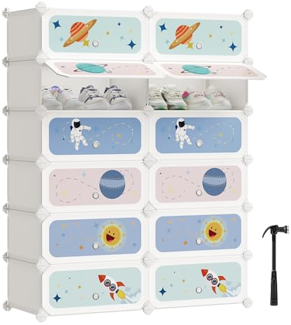 SONGMICS Estantería Modular Infantil de 12 Cubos, Zapatero para niños, Estantería plástico, Armario Modular con Puertas, para Ropa, Zapatos, Juguetes, 31 x 81 x 106 cm, Blanco Nube LPC907W01