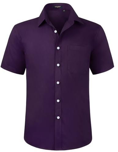 HISDERN Chemise Violet à Manches Courtes pour Hommes Chemise d'été décontractée Coupe régulière Boutonnée Chemise habillée Formelle avec Poche Poitrine,XL