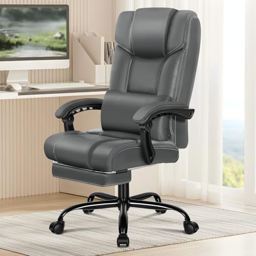 ALFORDSON Ergonomischer Bürostuhl, Computer-Schreibtischstuhl mit Fußstütze, Netzstuhl mit hoher Rückenlehne, Drehstuhl mit 150°-Neigung, PU-Leder, Grau