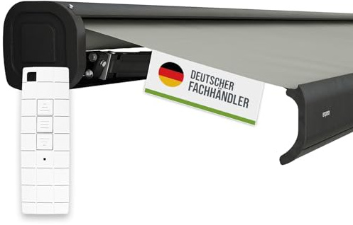 empasa Elektrische Kassettenmarkise 'Classic' Gelenkarmmarkise Markise | Sonnenmarkise Sonnenschutz, komplett vormontiert, Farbe:hellgrau, Größe:5 x 3.5 m