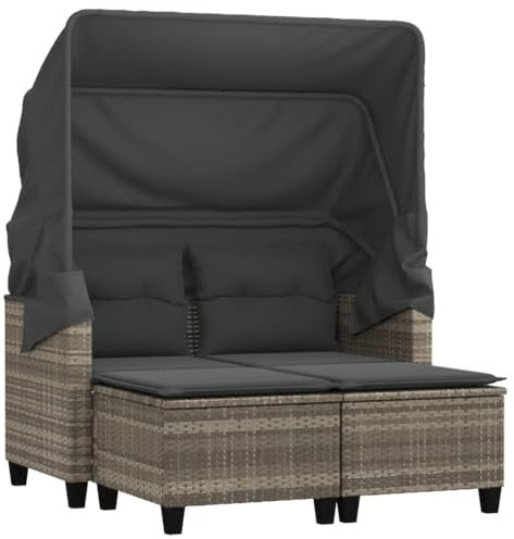 vidaXL Gartensofa 2-Sitzer mit Dach Hockern, Outdoor Sofa Gartenmöbel, Garten Lounge Set Terrasse, Terrassenmöbel Zweisitzer, Hellgrau Poly Rattan