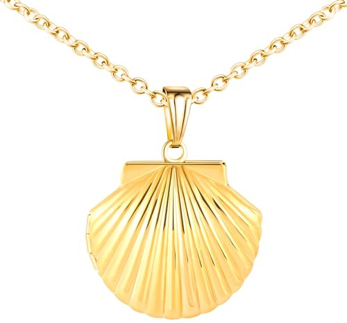 MICMIF Collier Personnalisé Médaillon en forme de Coquillage, Acier inoxydable Pendentif Coquillage Porte Photo Médaillon pour 2 Photo avec Chaîne 50cm Bijoux pour Femme Filles