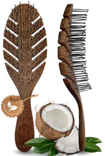 ETISEN, Cepillo antitirones, Cepillo cerdas naturales, Cepillo Pelo Largo, Antitirones para Cabello Seco, hecho a base de coco, peine rizos, peine hombre, mujeres, niñas, Para Todo Tipo de Cabello
